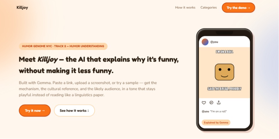 Killjoy cover showing a sample meme in a phone mockup and humor explanation interface