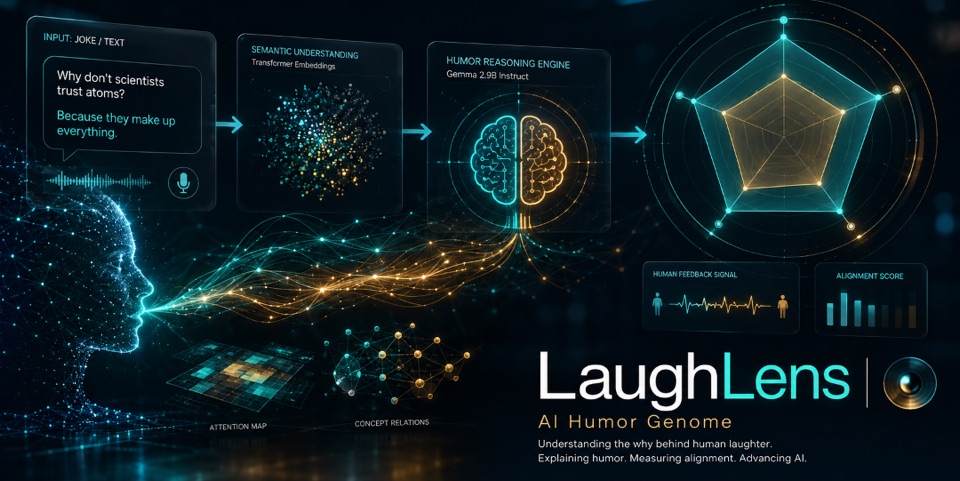 LaughLensAI cover showing joke analysis flowing into a radar chart