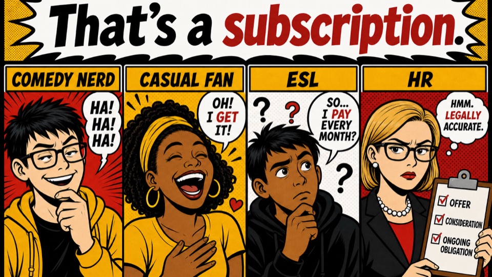 Comic-style Room Sense cover showing four audience reactions to the same joke