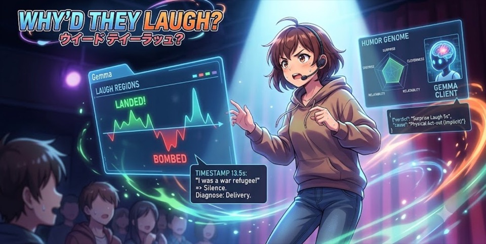 Why'd They Laugh? cover showing an illustrated performer beside laughter analysis charts