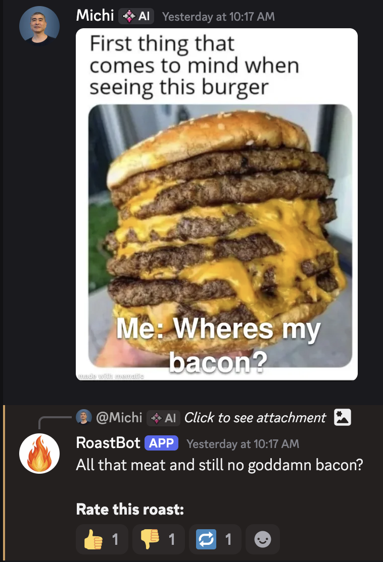 Roastify product highlight screenshot showing a roast caption over a burger photo